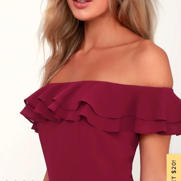 Lulus Win Your Heart Burgundy Ruffle Off-the-Shoulder Skater Dress size medium​​ - Picture 10 of 12